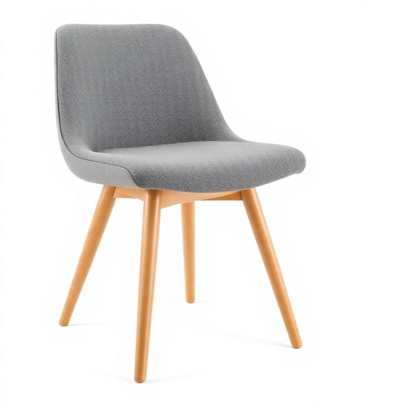 Grey upholstered dining chair with wooden legs on white background