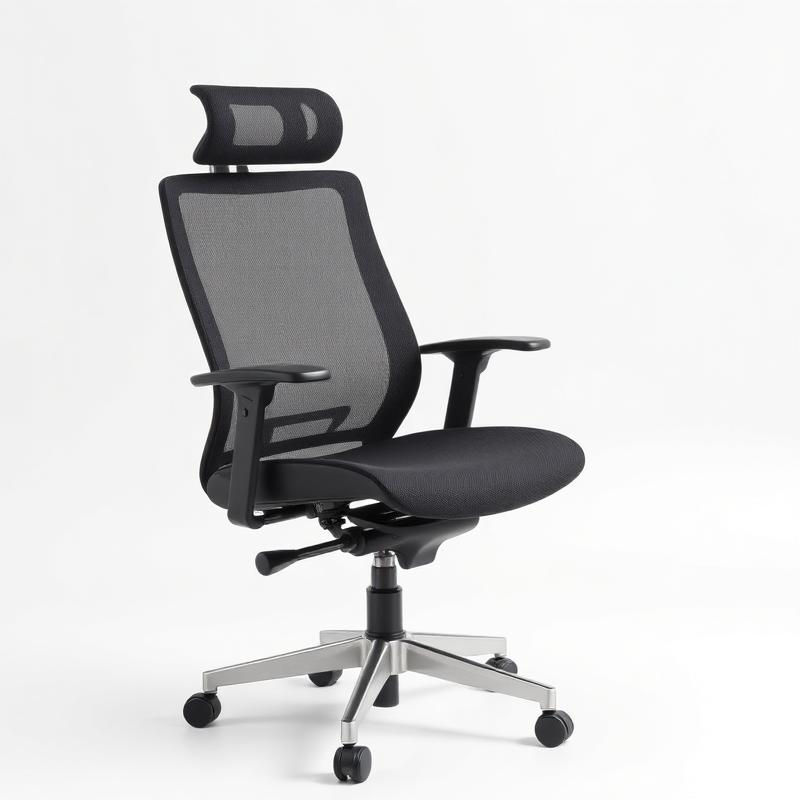 Black ergonomic mesh office chair with headrest on white background