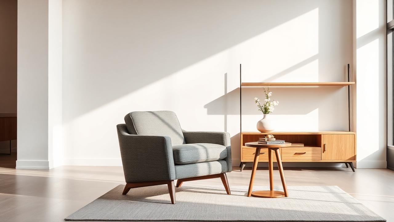 Showroom setting with upholstered accent chair, wooden side table and open shelving