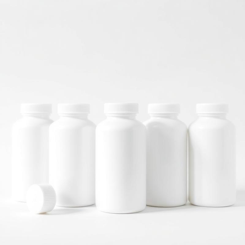 Row of unbranded white plastic supplement bottles with caps
