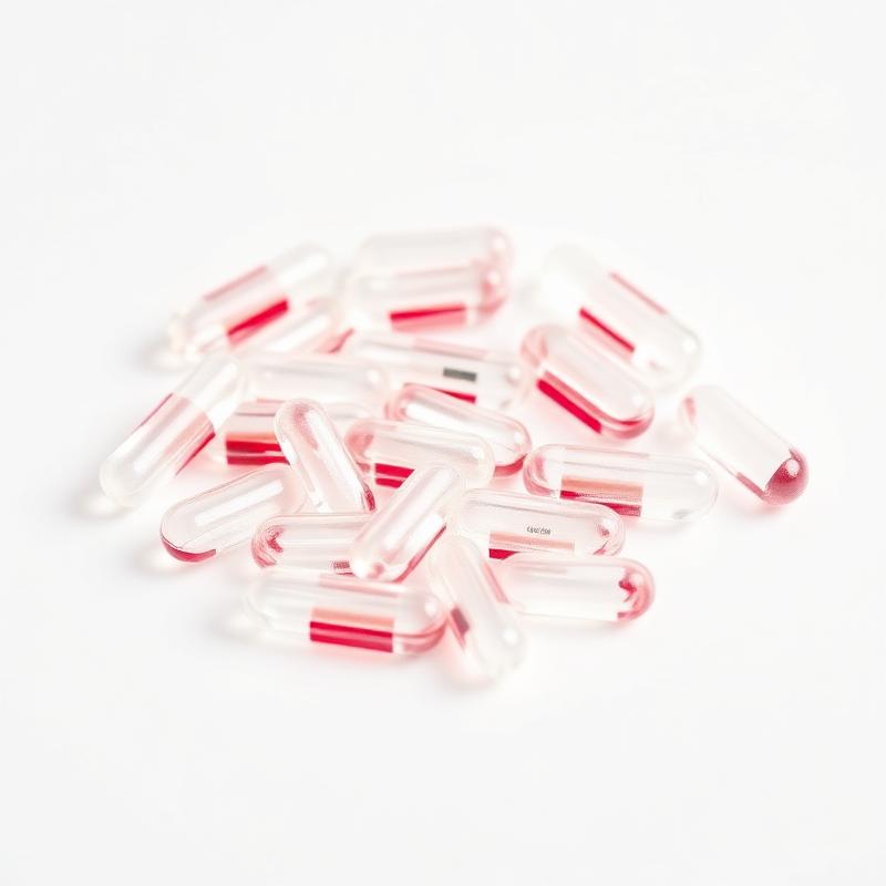 Pile of clear gelatin capsules on white background