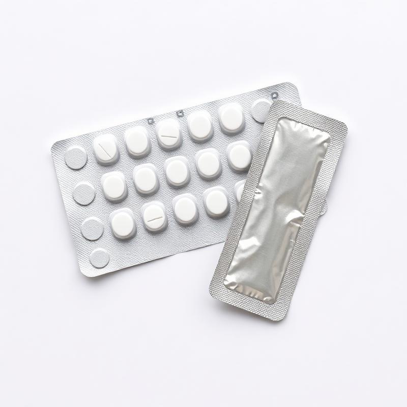 Blister sheet of plain tablets beside a foil stick sachet