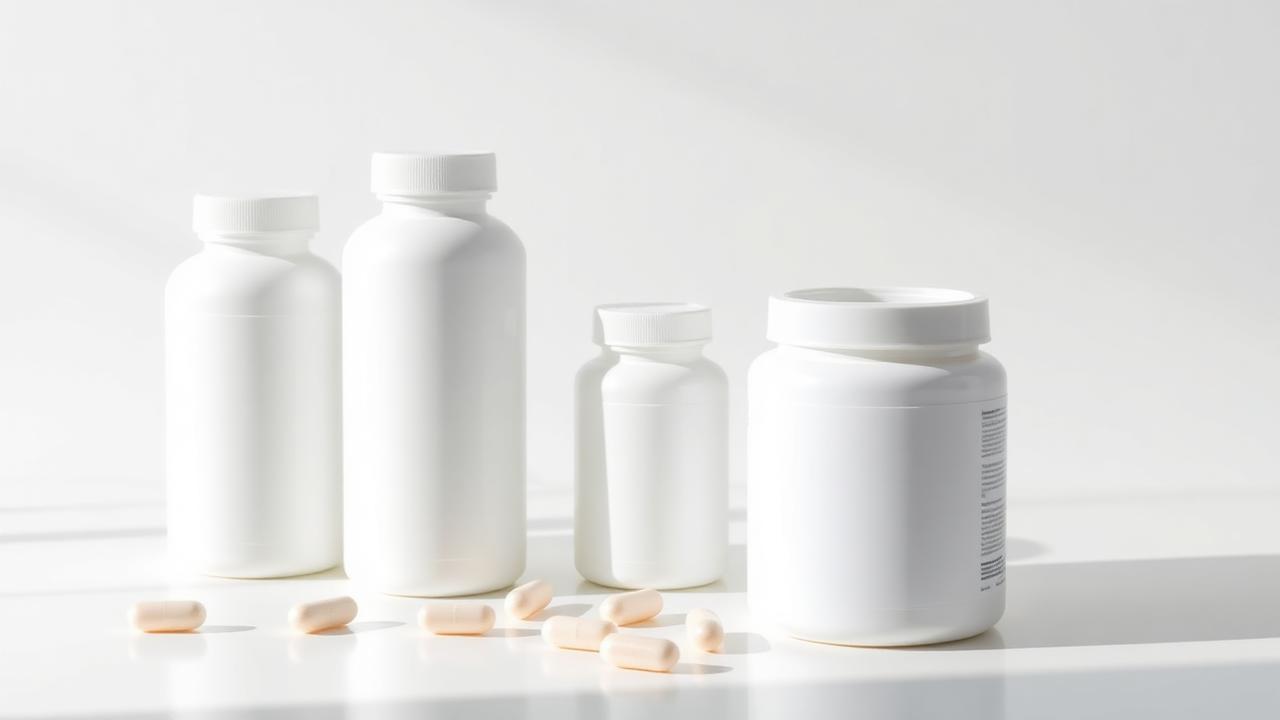 Unbranded supplement packaging with white bottles, capsules and a powder tub
