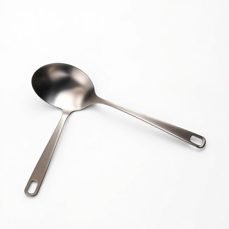 Stainless steel kitchen serving spoons on white background