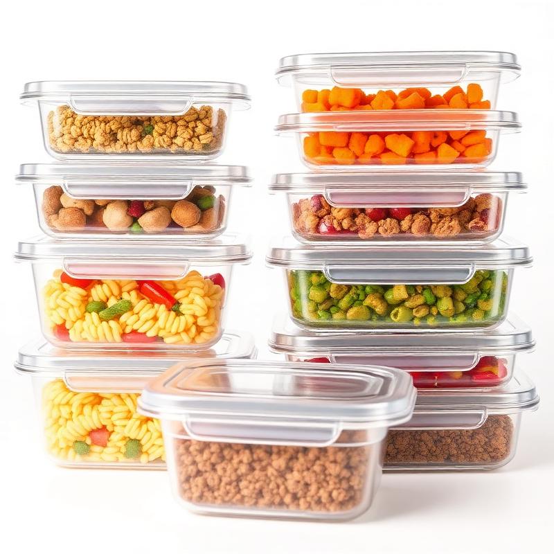 Stacked clear airtight plastic food storage containers