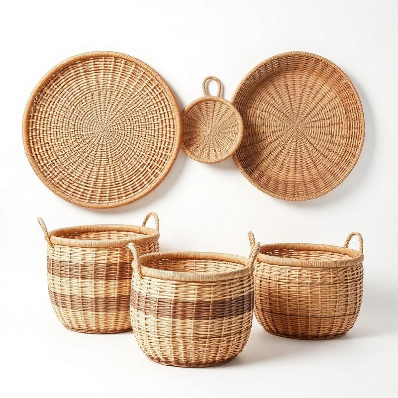 Woven natural fiber storage baskets and round trays