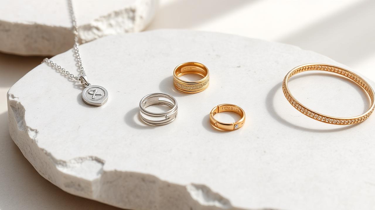 Fashion jewelry selection with gold-plated and stainless steel necklaces, rings and bangle