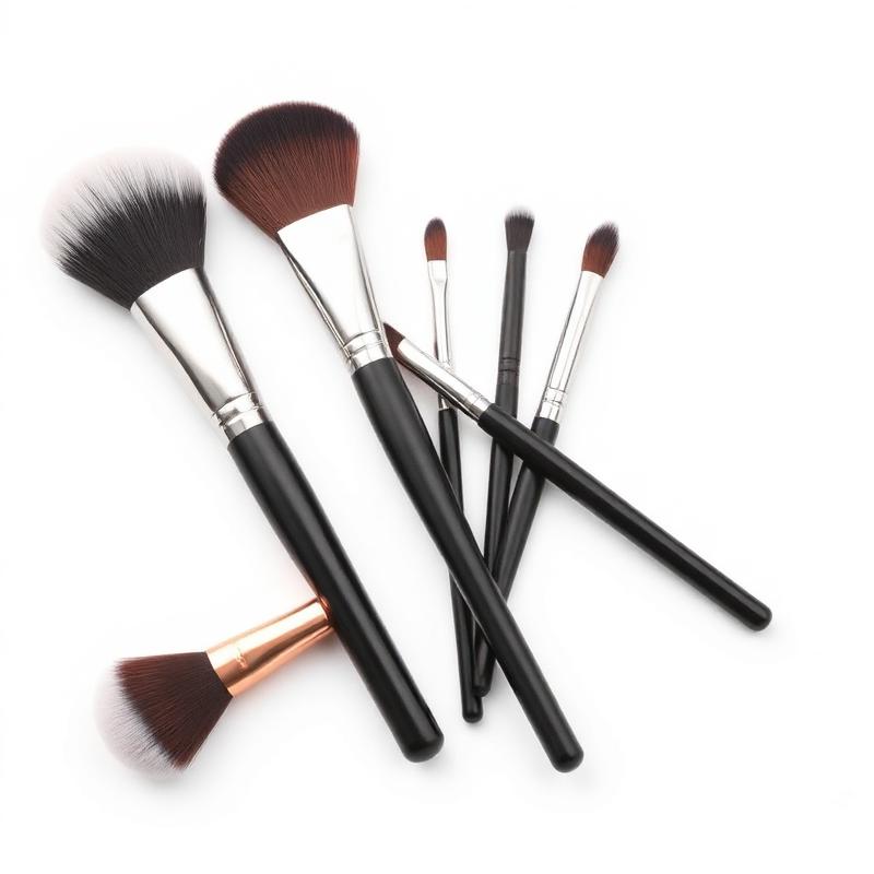 Professional makeup brush set with black handles on white background