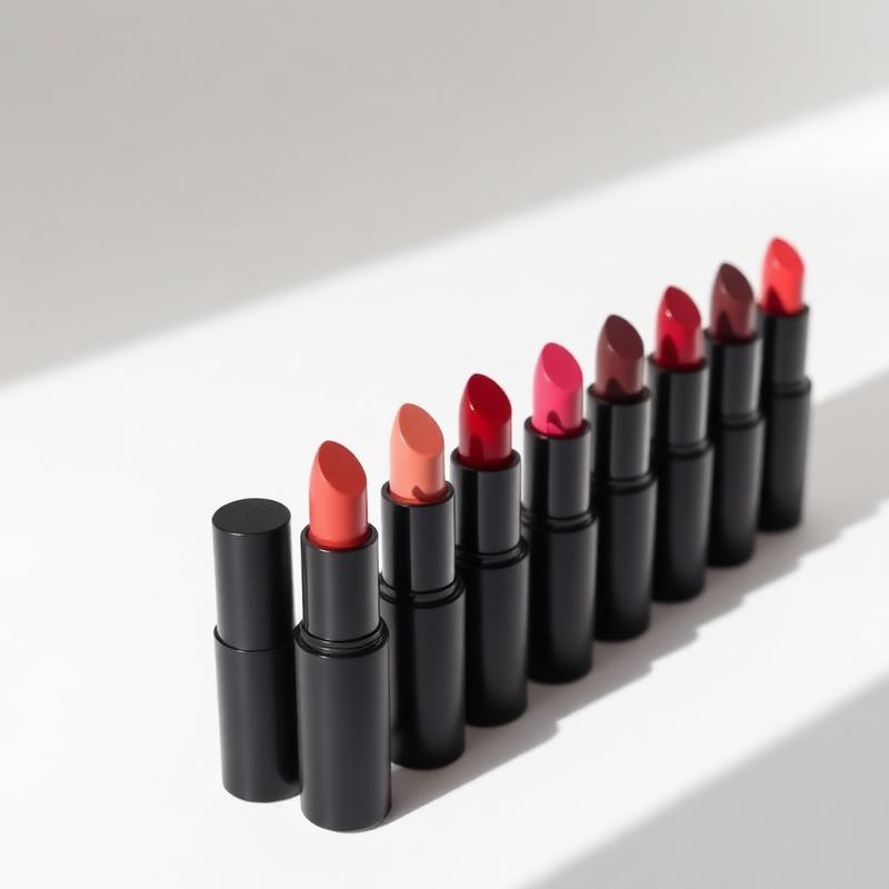 Row of unbranded matte lipstick tubes on white background
