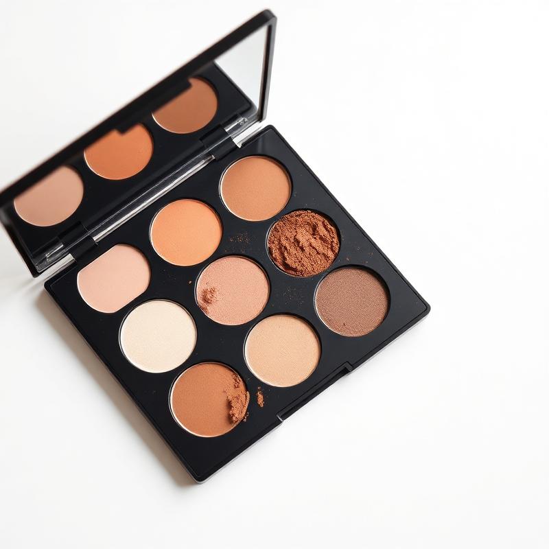 Open eyeshadow palette with neutral pressed powder shades