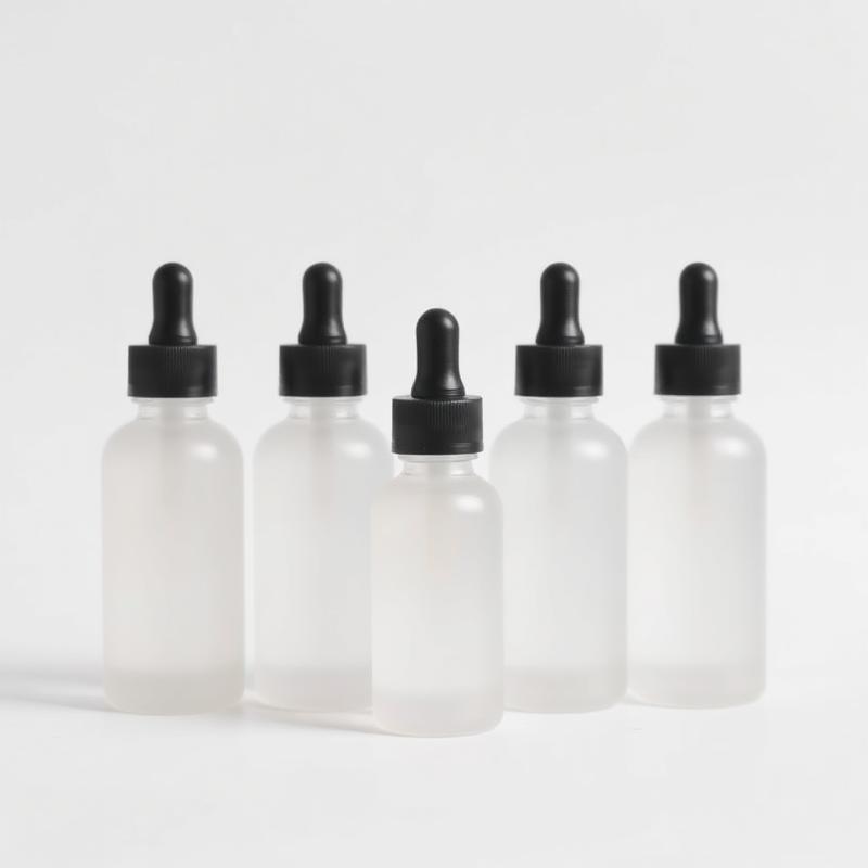 Frosted glass skincare serum bottles with black droppers