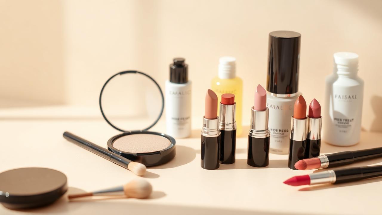 Cosmetics range including makeup brushes, compact powder, lipsticks and skincare bottles