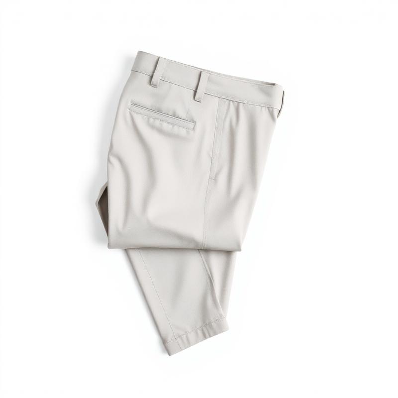 Folded men's beige chino trousers on white background