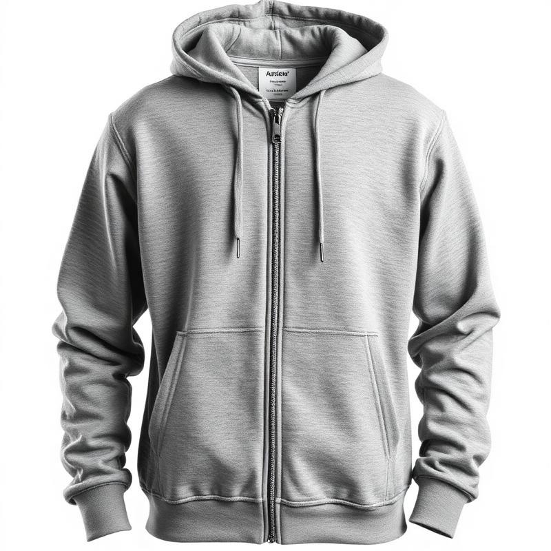 Heather grey men's zip-up hooded sweatshirt on white background