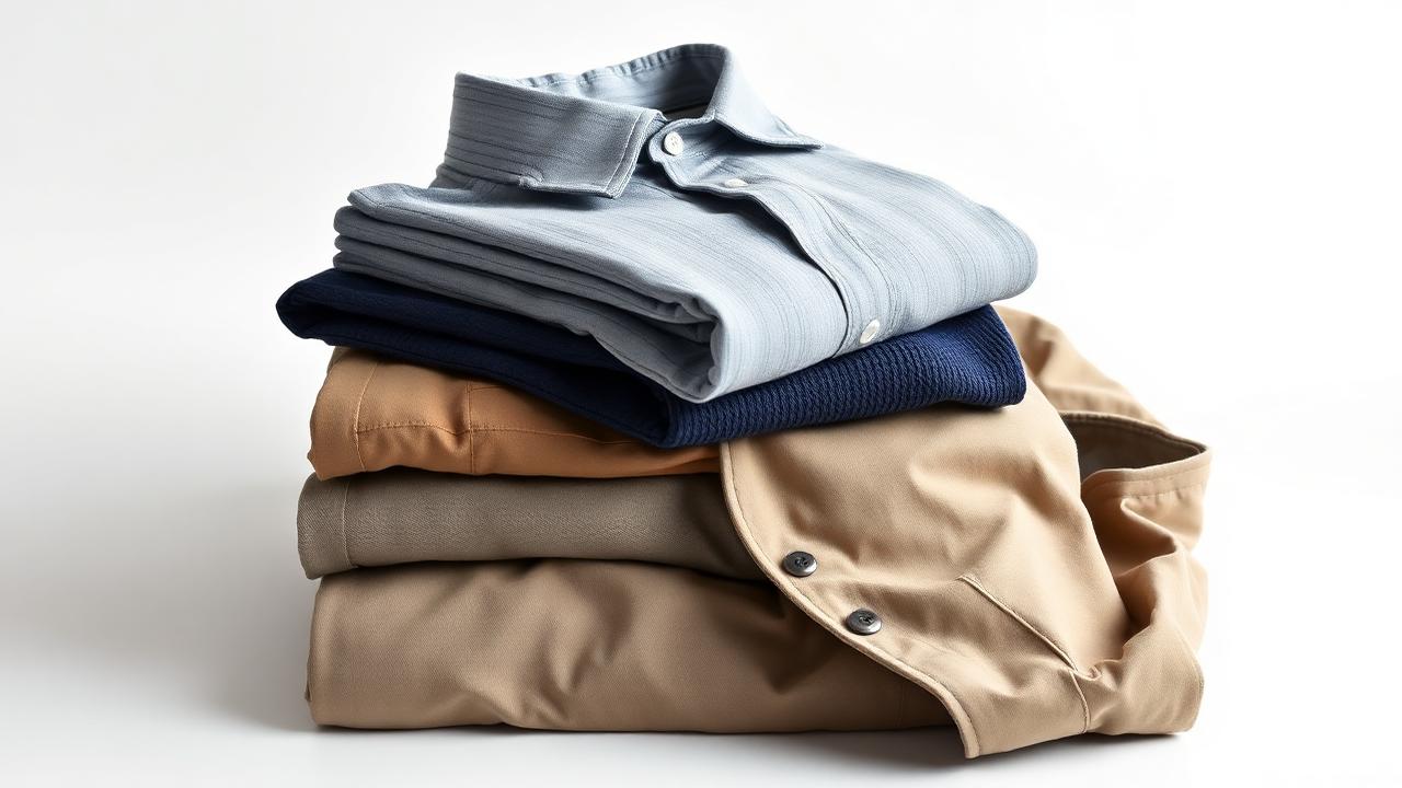 Stack of folded men's apparel including shirts, knitwear and chino trousers