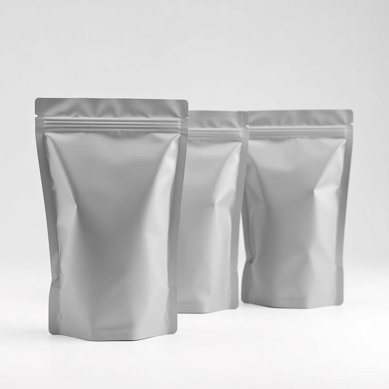 Three blank matte stand-up pouches with zip closure on white background
