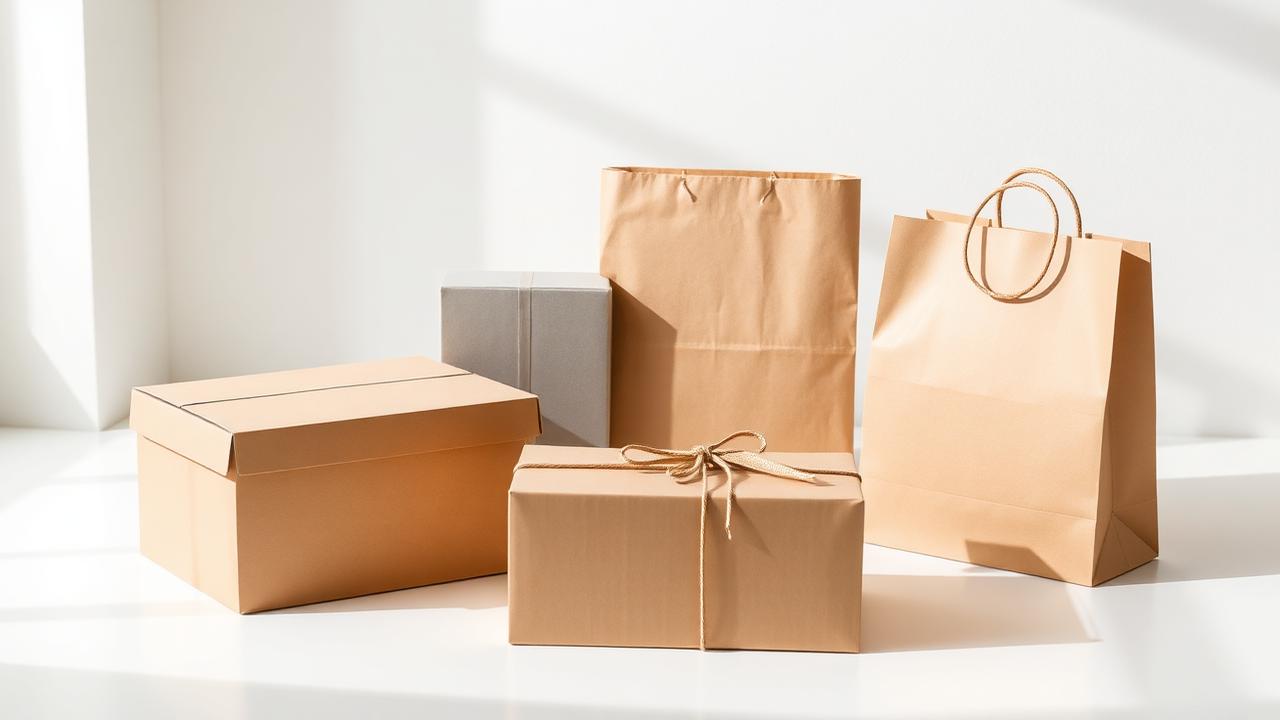 Export packaging samples including kraft mailer boxes, gift box and printed paper bags