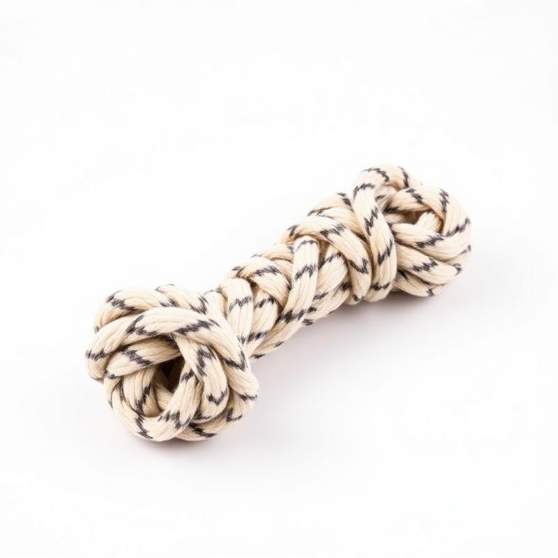 Braided cotton rope dog tug toy with knots on white background