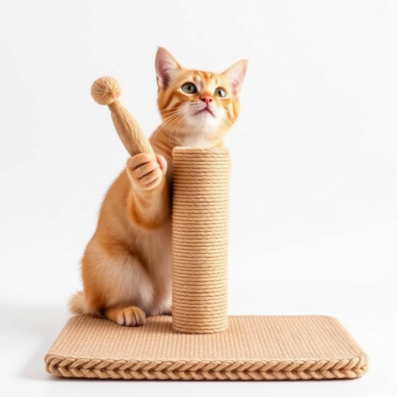 Sisal cat scratching post with teaser wand toy on white background
