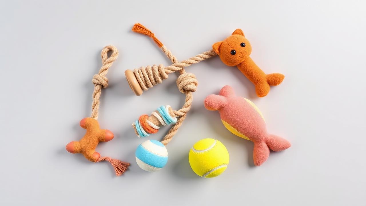 Assortment of dog and cat toys including rubber chew toys, rope toys, plush toys and balls