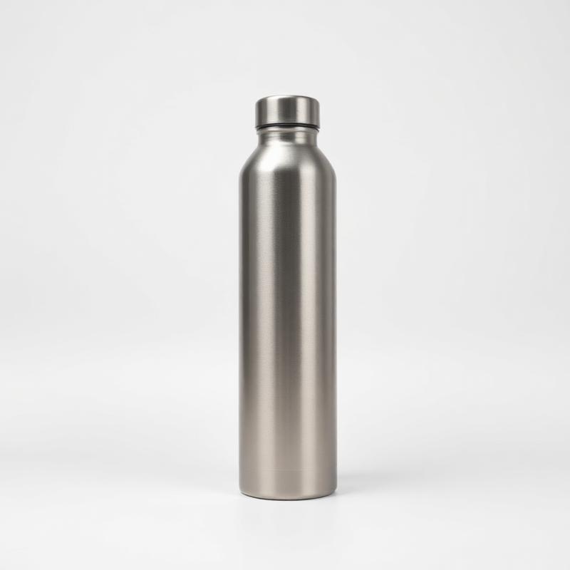 Brushed stainless steel insulated water bottle on white background