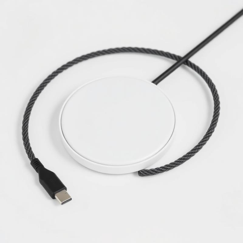 White wireless charging pad with braided USB-C cable