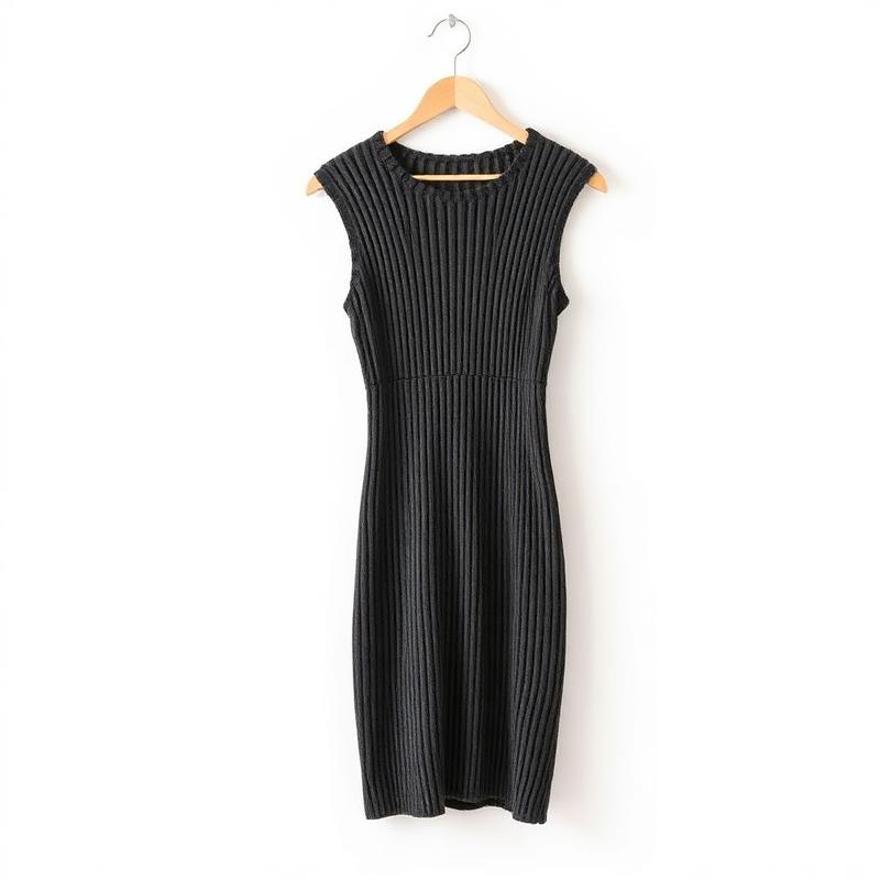Dark ribbed knit midi dress on a wooden hanger