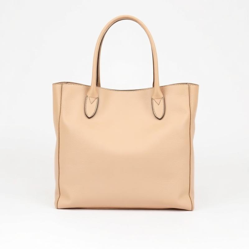 Beige structured faux leather tote handbag on white background
