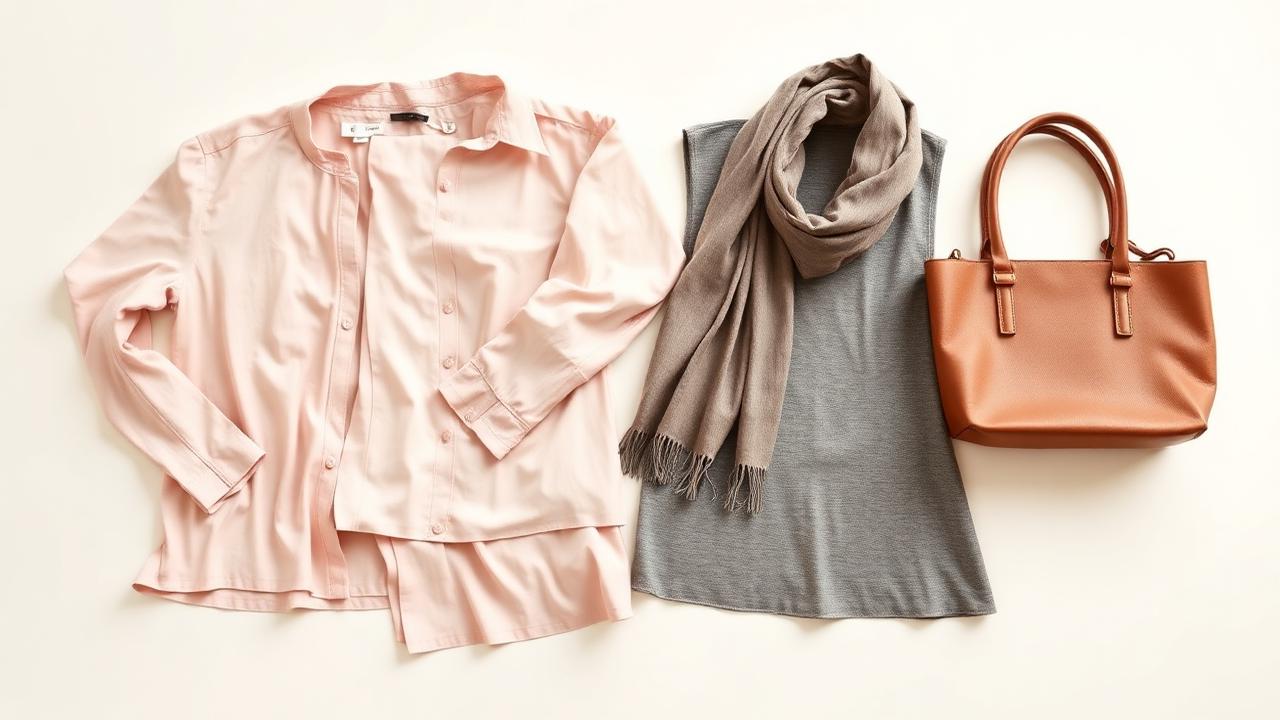 Women's apparel flat lay with blouse, knit dress, scarf and handbag
